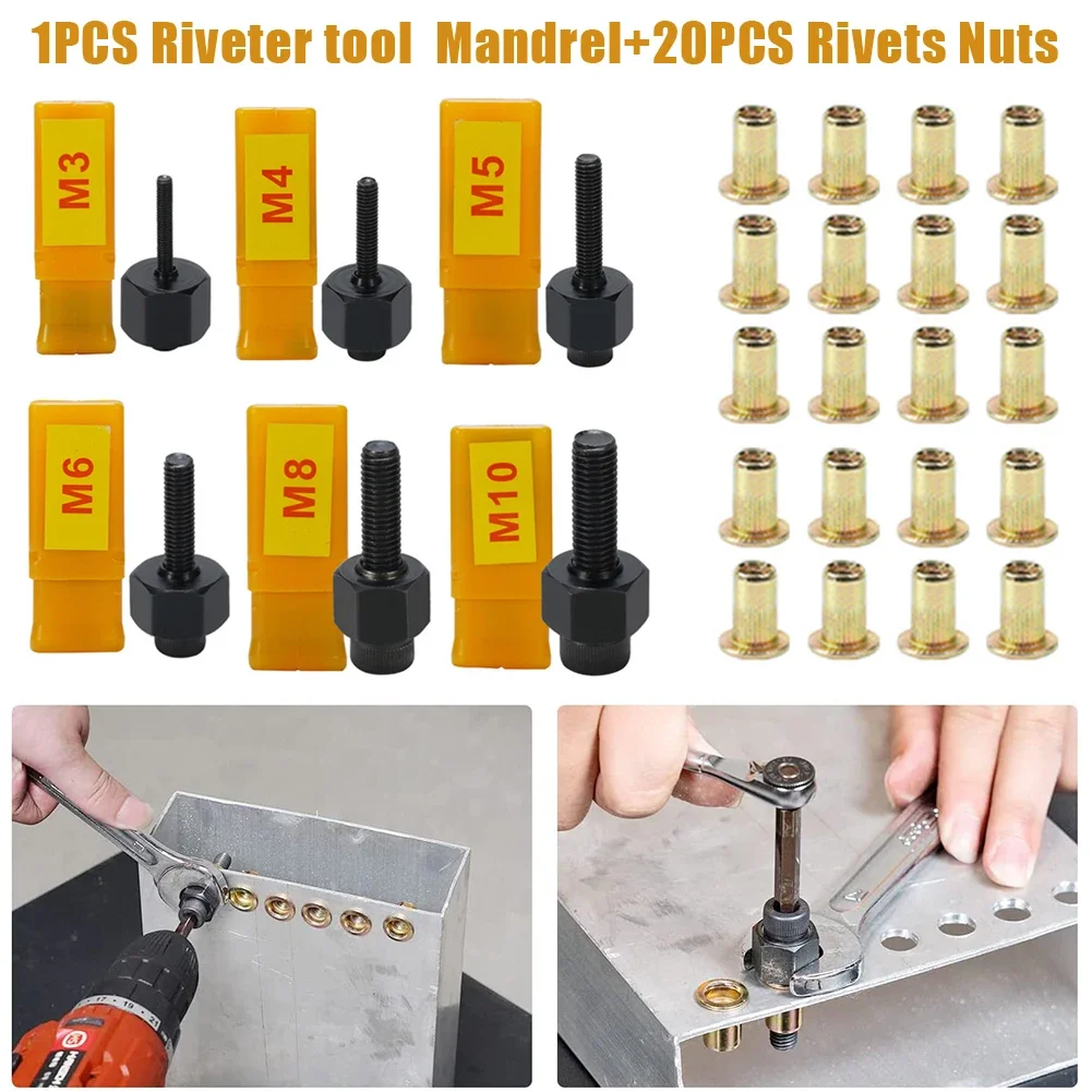 21pcs Rivet Nut Tool Hand Rivet Nut Head Simple Installation Manual Riveter Rivnut Tool Accessory For Nuts M5 M6 M8 M10