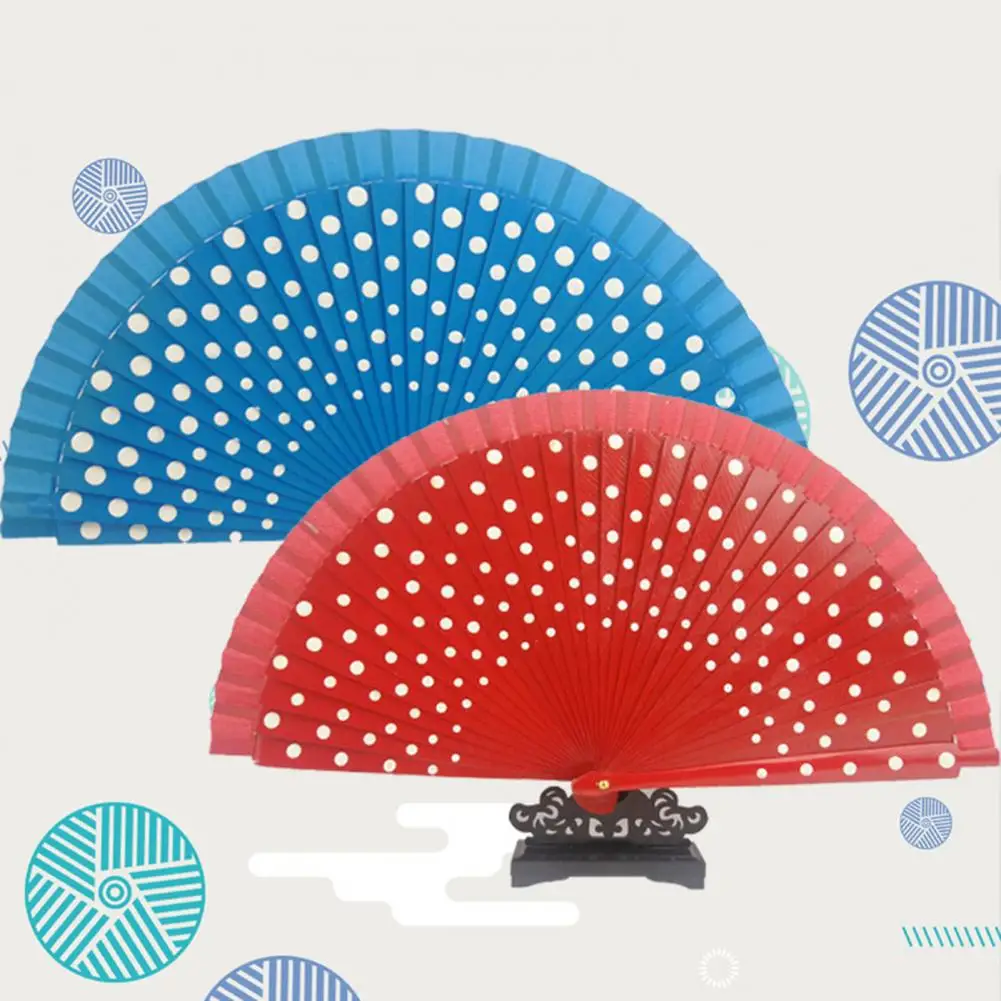 Dupla face Dot Print Folding Fan, Esponja Multicolor, Bonito, Dança, Escritório, Casa, Mesa, Decorativo