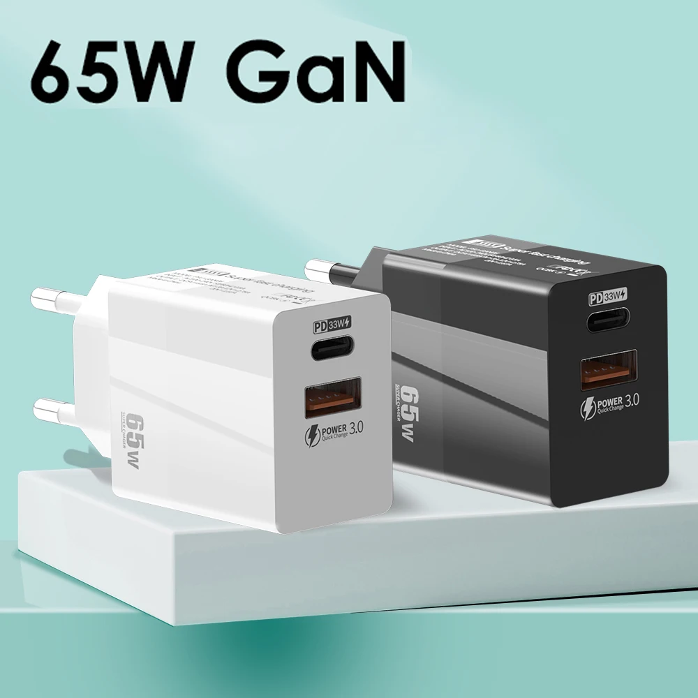 65 W USB C Charger USB-C Power Supply 2 Ports Charger with QC 3.0 PD 3.0 GaN Fast Adapter for MacBook Pro Air iPhone 13 12 Pro