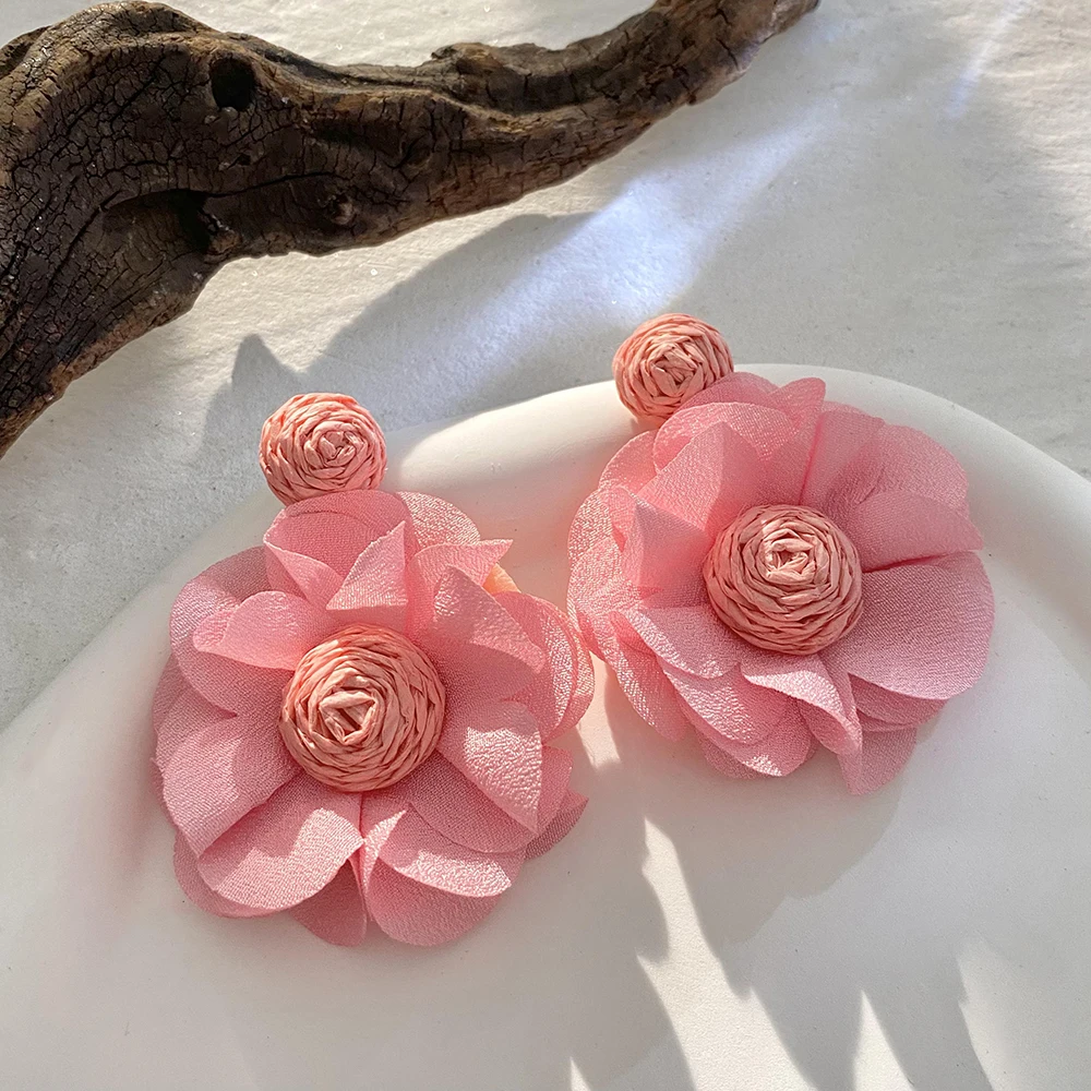 Lifefontier Handmade Red Acrylic Geometric Floral Wedding Bride Drop Earrings For Women Temperament Jewelry Flower Earring Gift
