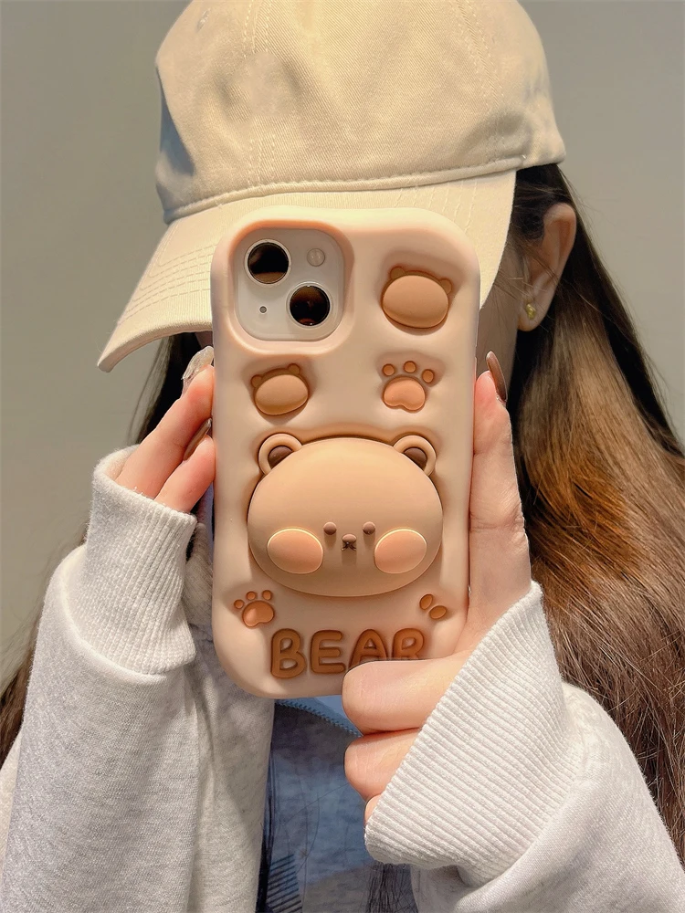 Caso bonito do telefone do silicone do urso 3d, suporte escondido, tampa da menina bonito, iphone 11, 12, 13, 14, 15 pro max, xs, xr, x, 7, 8 mais