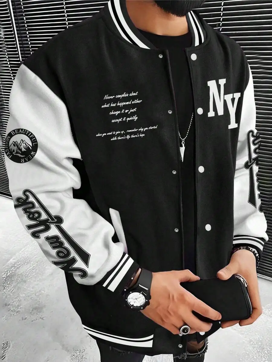 Men's Black and White Varsity-Style Baseball Jacket with Letter Print and Patchwork Design