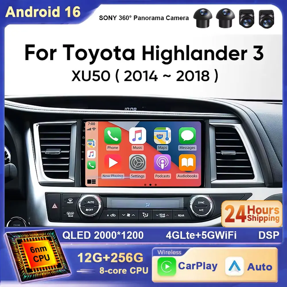 Android 16 Autoradio für Toyota Highlander Kluger 3 XU50 2014 - 2019, Multimedia-Player, Stereo-Navigation, Stereo, CarPlay, Auto, BT