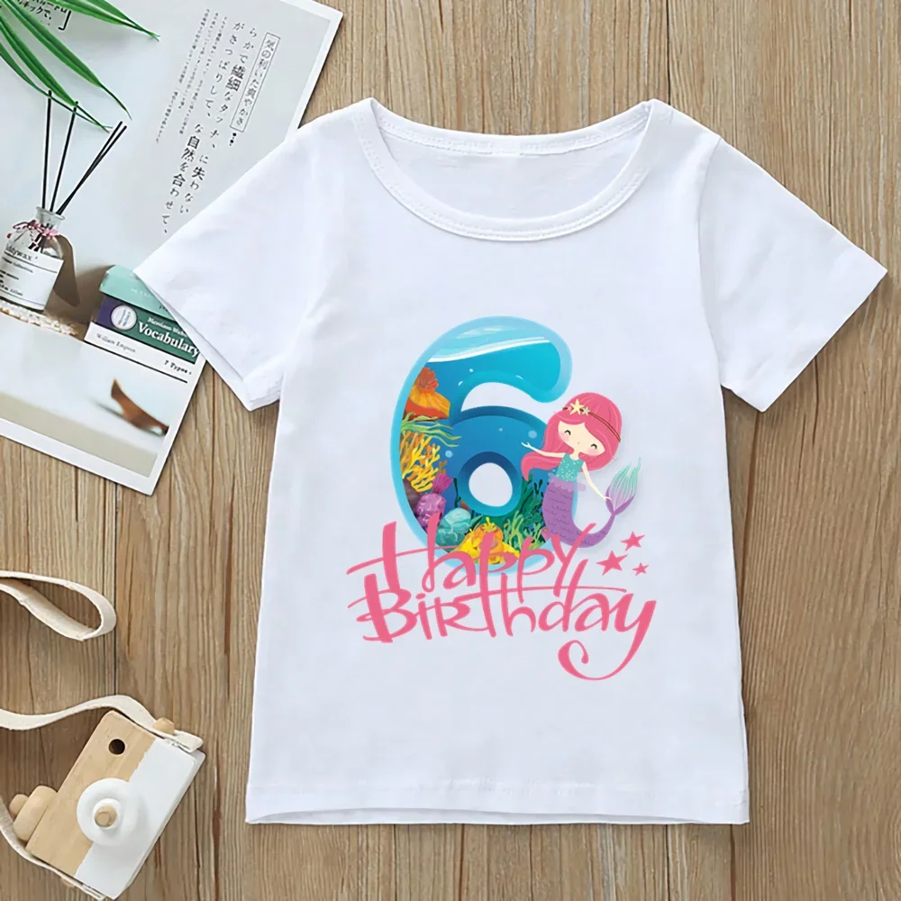 Camiseta de dibujos animados para niñas, ropa con estampado gráfico de sirena de feliz cumpleaños, camisetas de moda Kawaii, Tops, número 1-9