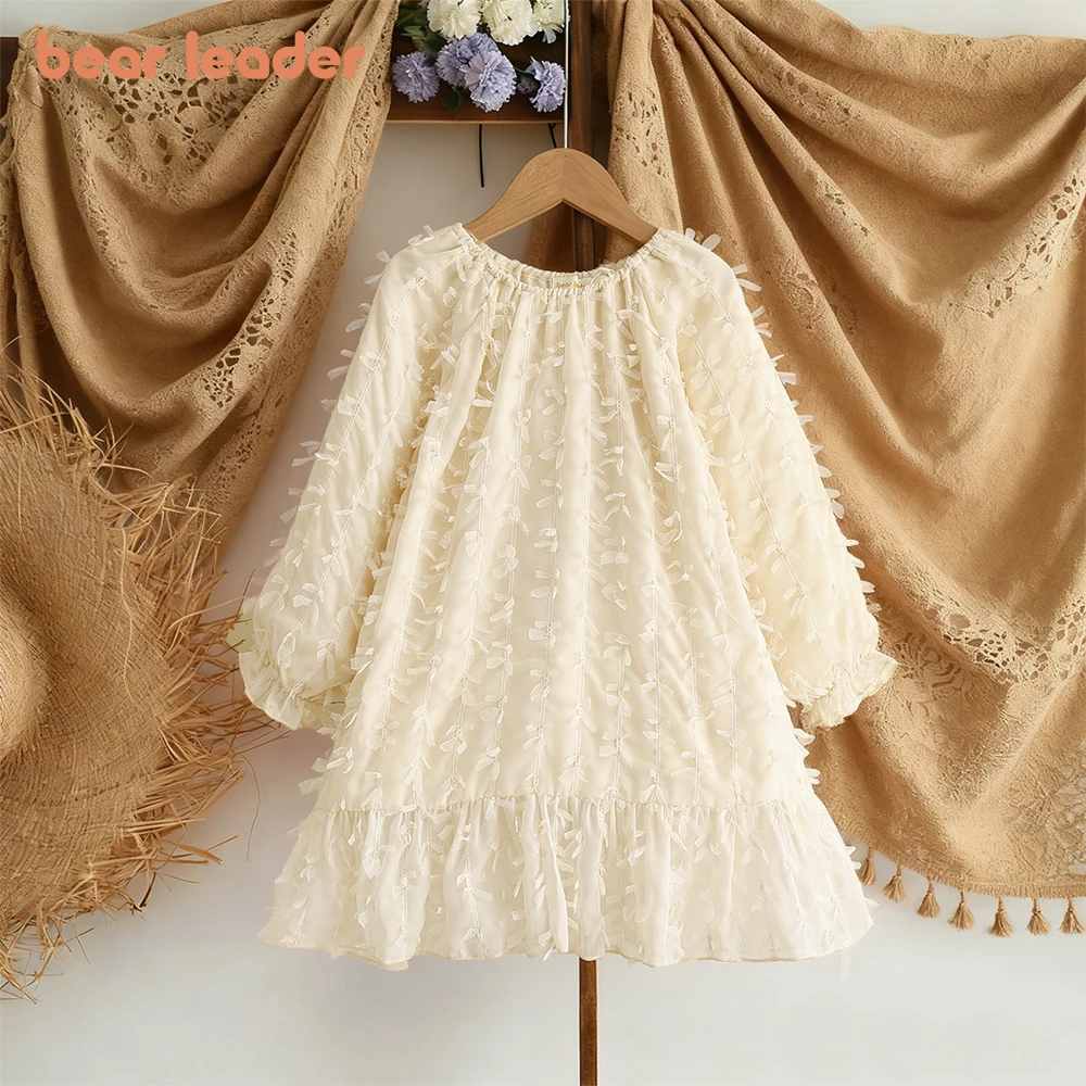 Bear Leader Autumn Pink Girls Casual Dresses with Lace Decoration One Shoulder Princess Dress Sweet and Cute Children's Clothing
