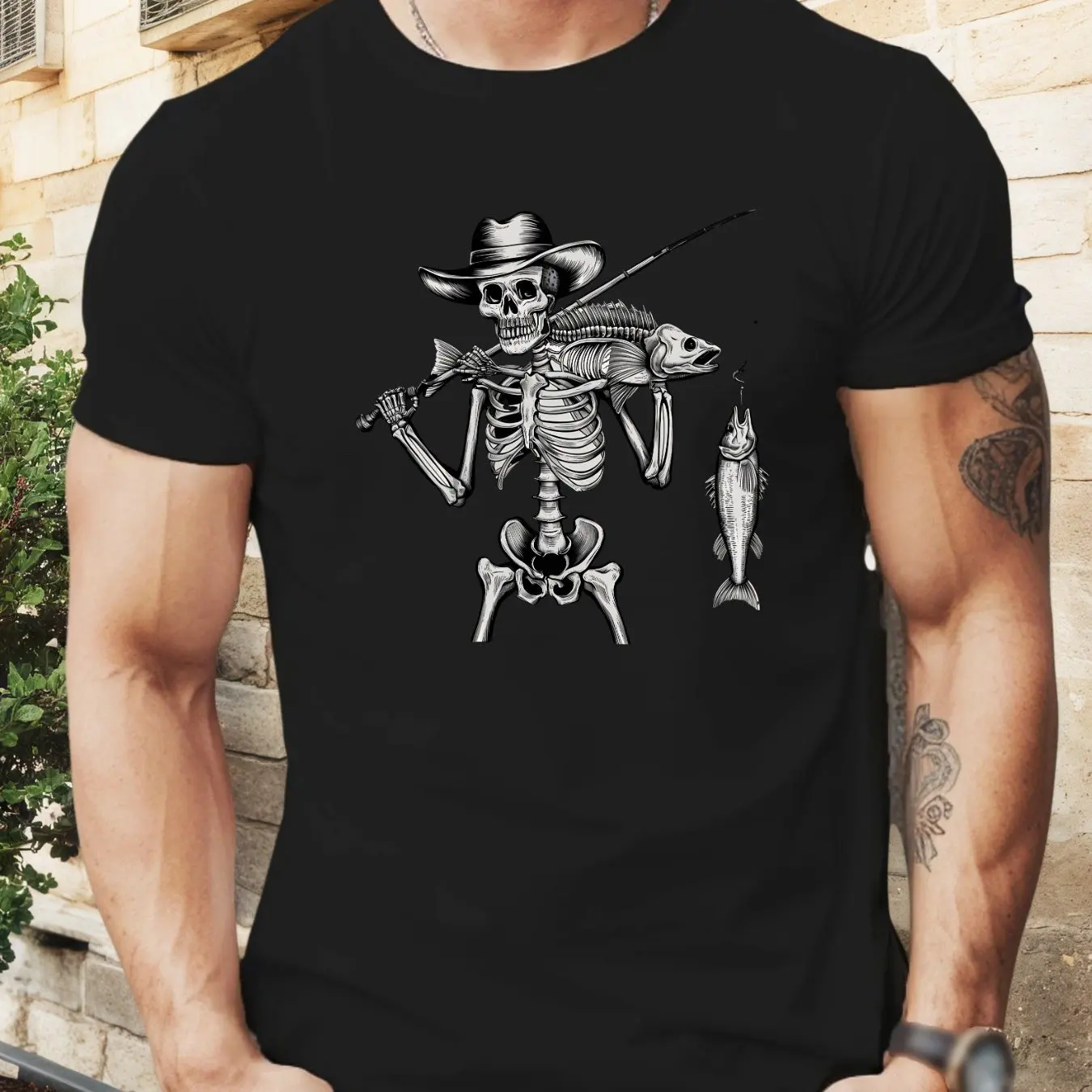 Men Skeleton Fisherman Graphic T-Shirt Casual Short Sleeve Round Neck Tee with Edgy Fishing Theme Design Men Clothing