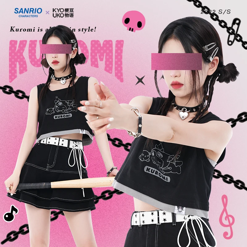 

Kawaii Kuromi My Melody Cinnamoroll Sleeveless Fake Two Piece Tank Top Summer Women Anime Sanrioed Sweet Cool Top New