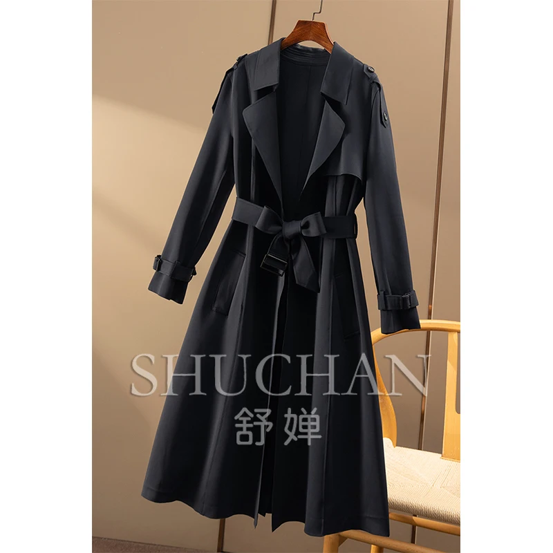 British Navy Blue Long Trench Coat Jacket Women Abrigos Mujer Invierno 2025 Spring Casacos De Inverno Feminino