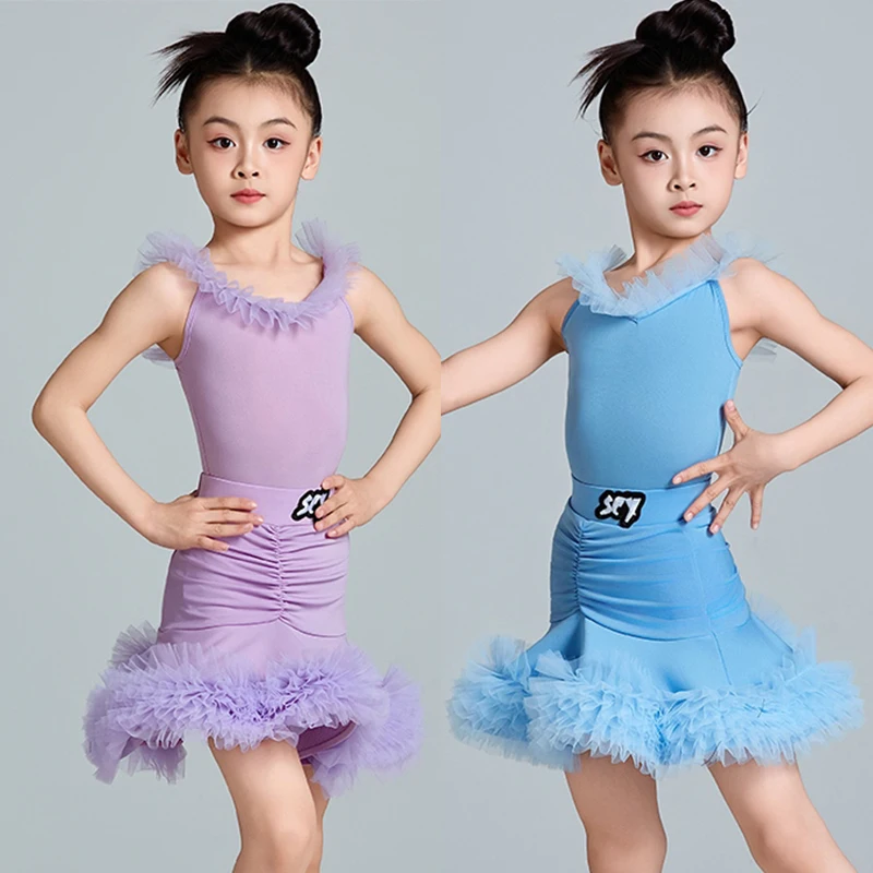 

Kids Latin Dance Clothes Girls Summer Sleeveless Practice Wear Purple Blue Dress Cha Cha Samba Dance Performance Costume NV23548