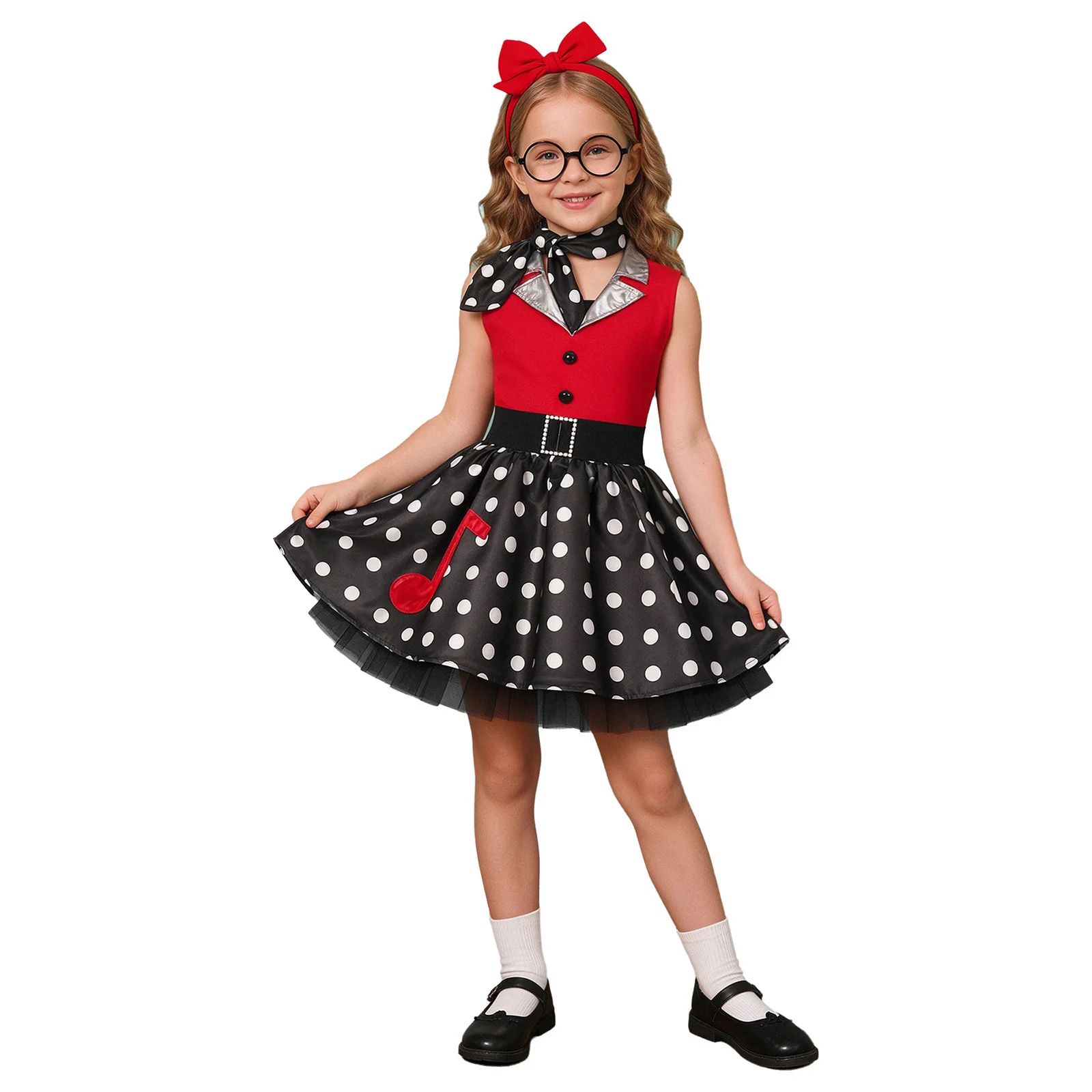Kids Girls 50s Vintage Dress Metallic Lapel Collar Sleeveless Dot Dress with Neck Scarf for Retro Birthday Theme Party Halloween view 3