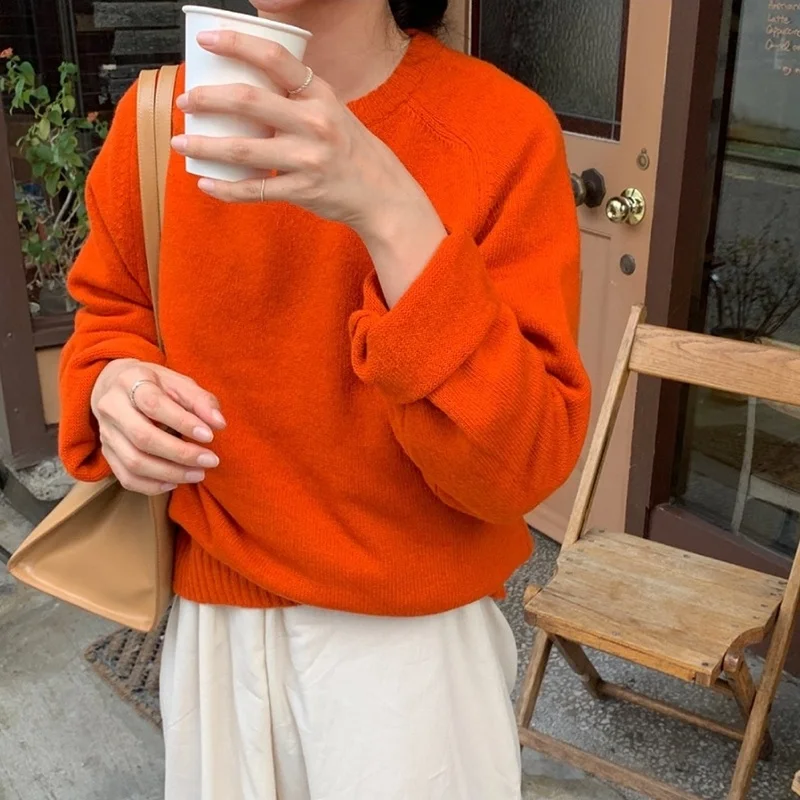 

Оранжевый вязаный свитер женский свободный ort Sve Long Sve round Ne Base Layer irt Внутренняя и верхняя одежда для поездок на работу Sle