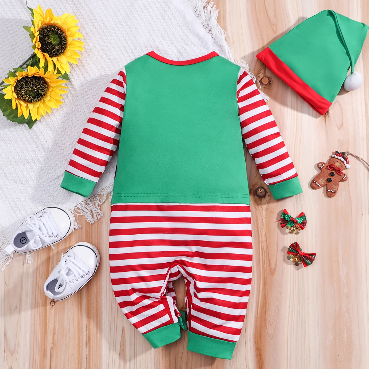 IURNXB Baby Christmas Elf Jumpsuit With Hat Infant Cosplay Costume Outfit Newborn Onesie + Hat Suit Set For Boys 0-18M