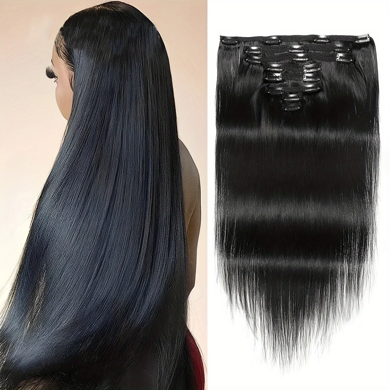 

Набор из 8 прямых накладных прядей из натуральных волос с двойным плетением и 18 клипсами, базовый стиль для женщин