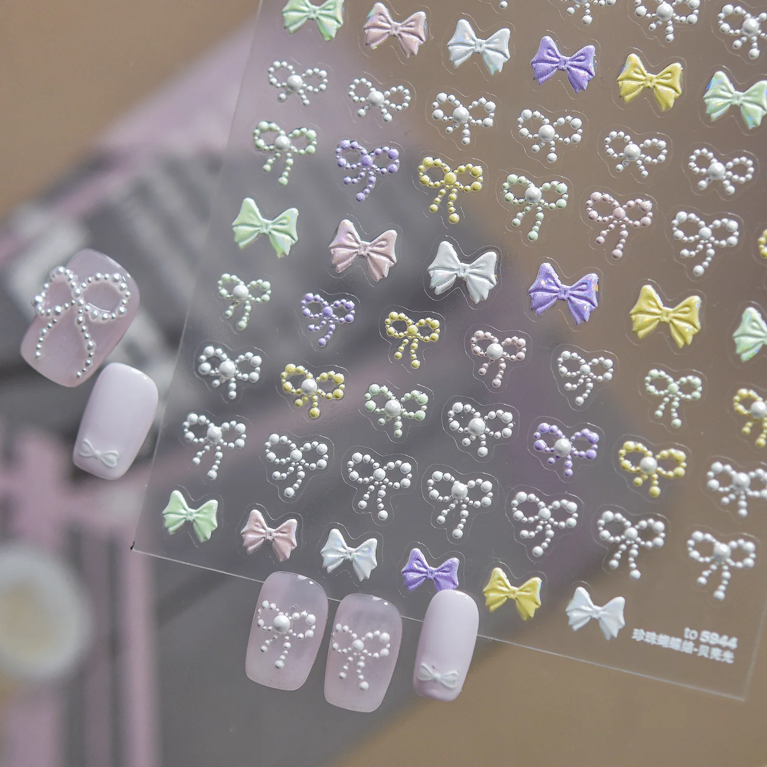 Fashional Pearl Bow 5D Nails Stickers Colorful 3D Embossed Bowkont Nail Art Decorations Self-Adhesive Nail Stickers Decals DIY