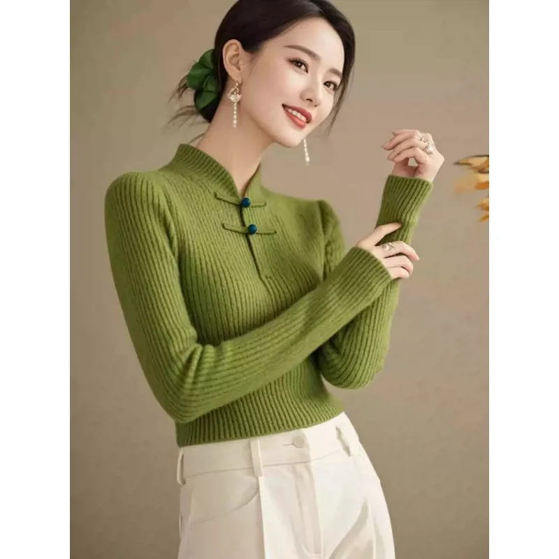 

Женский осенний нишевый уникальный топ на пуговицах, новый зеленый свитер с воротником-стойкой в китайском стиле в национальном стиле