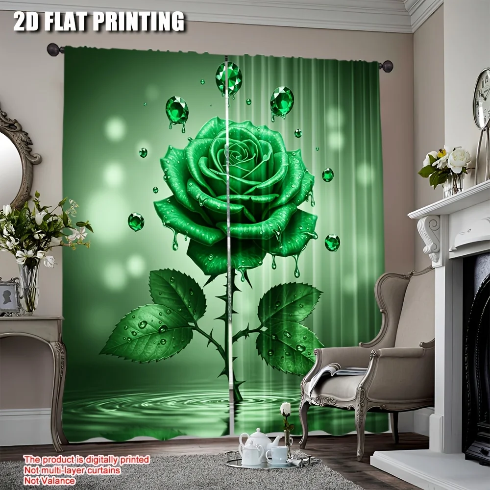 

2pcs Green Rose Curtains Emerald Gemstone Water Drop Print Drape Fantasy Bedroom Window Treatment Unique Flower Home DecorPanels