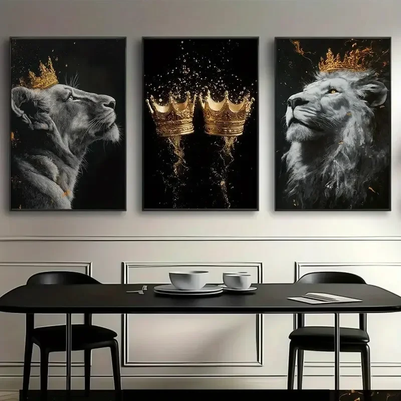 3pcs/set, Golden Crown and Lion Canvas Wall Art, Modern Animal Canvas Painting, for Living Room, Bedroom Home Decoration