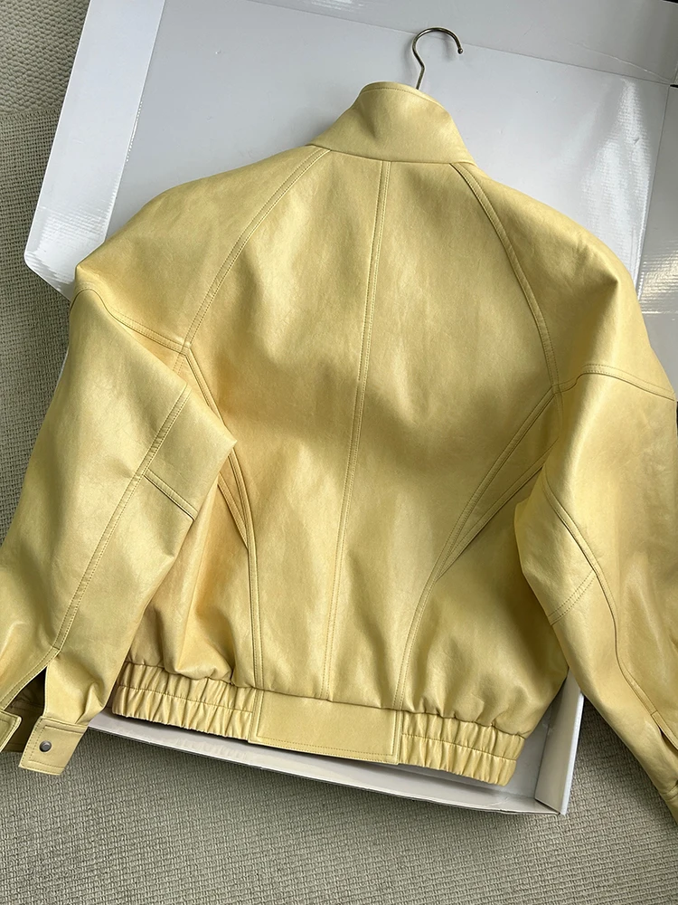 Lautaro Frühling Herbst Gelbe PU-Lederjacke für Damen mit Reißverschluss, Langarm, Looe Casual Luxus Designer Amerikanische Retro-Kleidung 2026 – Detail 12