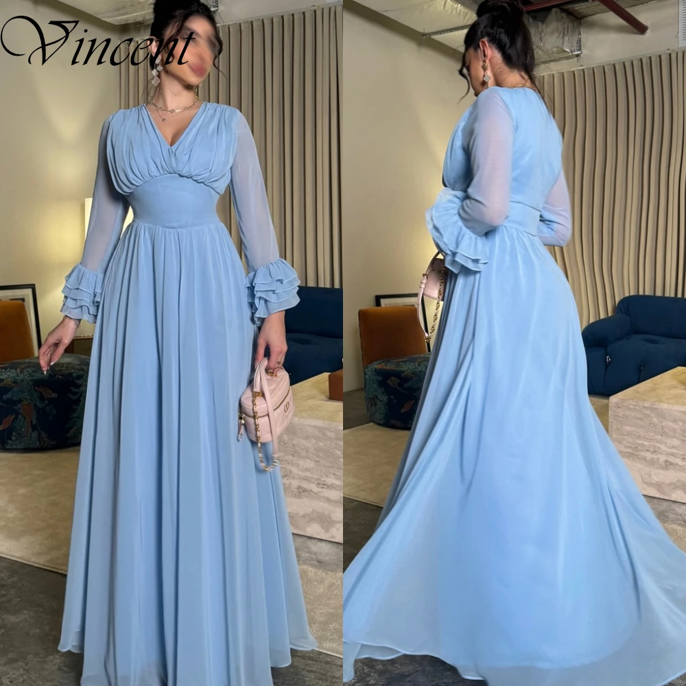 カスタマイズされたクラシックブルーシフォンイブニングドレスシンプルな A ライン長袖ウエディングドレスセクシーなスタイル V ネックホームカミングドレス女性のための