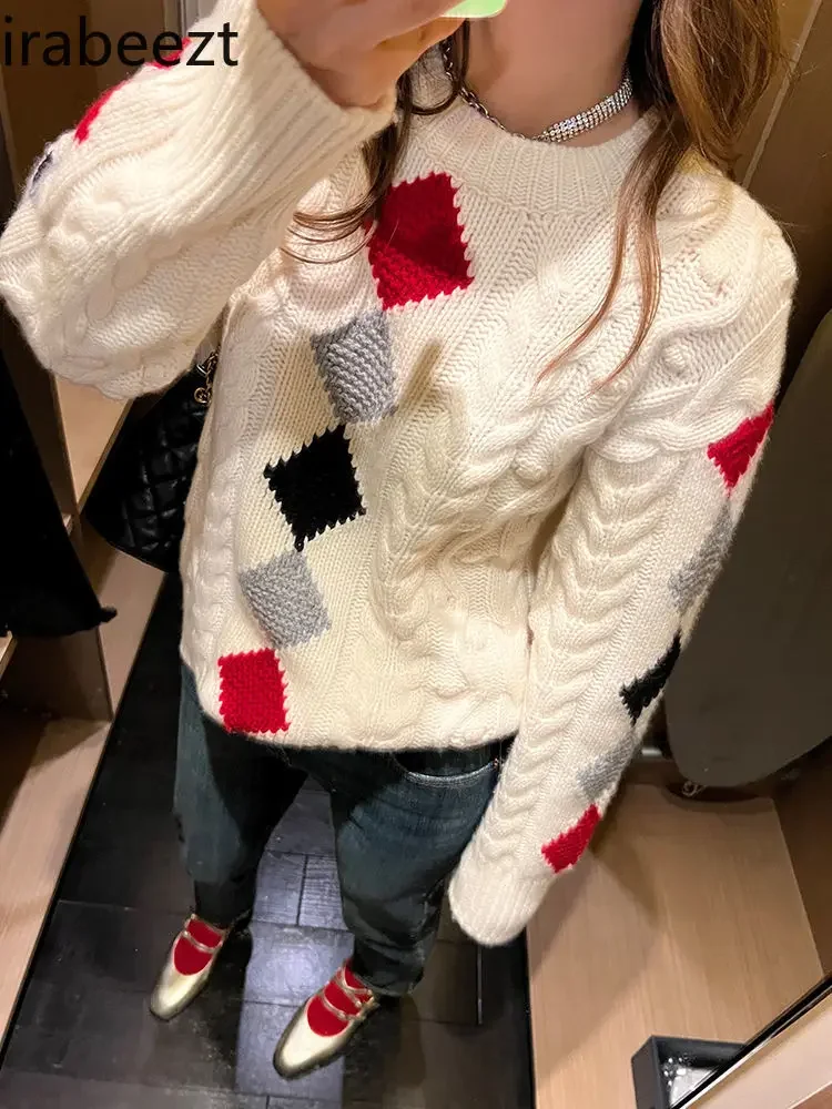 Color Contrast Diamond Check Knit Autumn and Winter Design Female Niche Tops Slim Loose White Knit Jacket Sweater Women