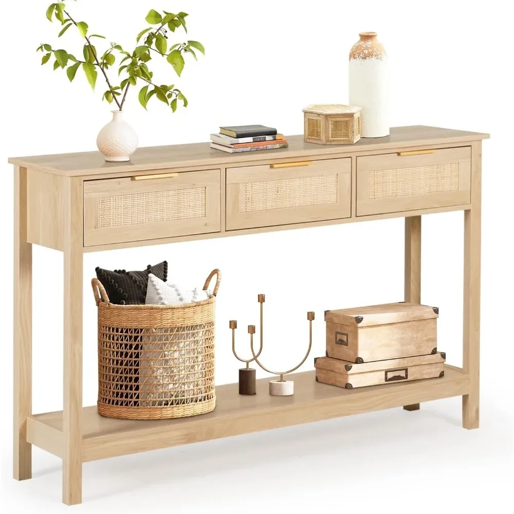 

Vine control console living room table with 3 drawers and open storage rack, suitable for living room and corridor natural wood