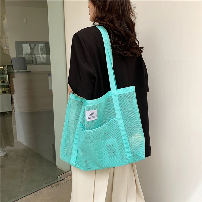 Women Transparent Mesh Shoulder Bag Fashionable Portable Shopping Travel Beach Mesh Net Tote Handbag