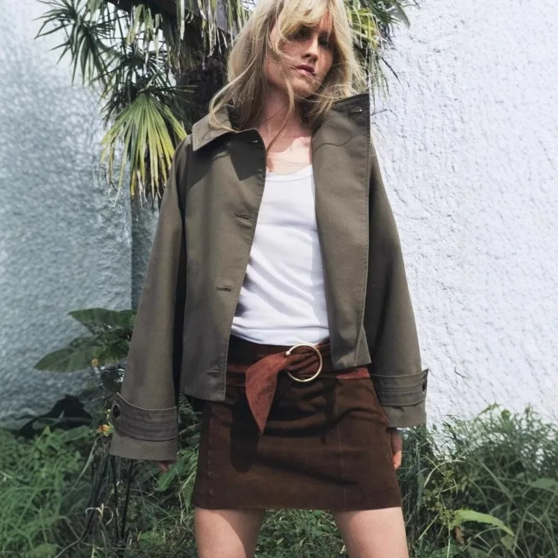 New Removable Hooded Jacket Short Tooling Windproof Jacket Long Sleeved Lapel Single Breasted Tops Women Coat Army Green XS-L