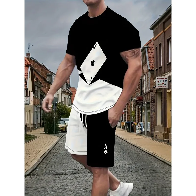 2025 Men's 3D Digital Printed Polyester Fiber 2-piece Summer Short Sleeve Round Neck T-shirt Sports Shorts Outdoor Set
