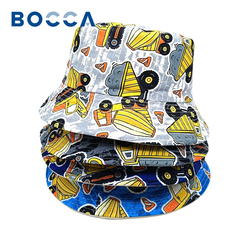 Bocca Children Cartoon Bucket Hat Boy Kids Fisherman Hats Print Panama Cap Car Toy Pattern Double Sides Summer Ourdoor Sunscreen