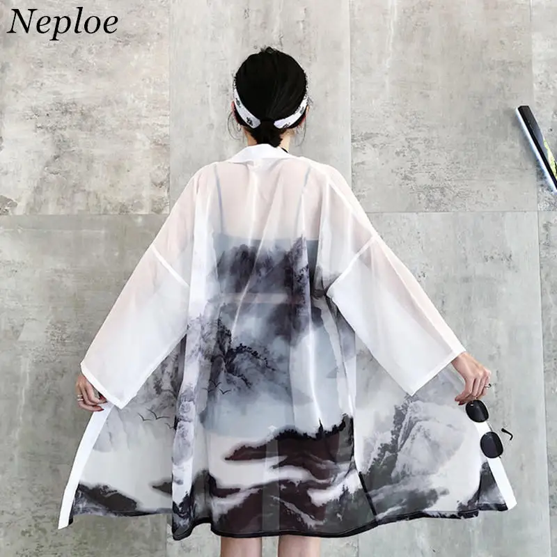 Neploe Chinese Style Printed Shirt Woman Causal Long Kimono Cardigan 2020 Long Sleeve Loose Blouse Sun Protection Blouses 35711