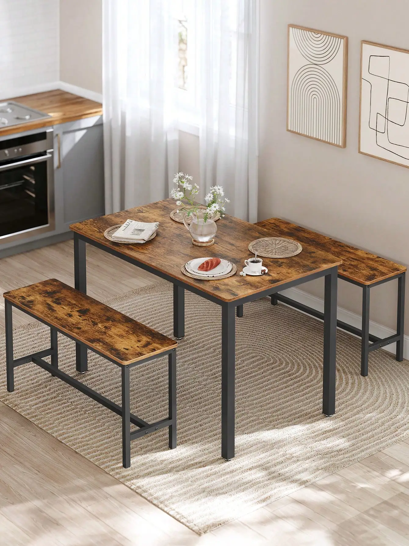 VASAGLE Dining Group, (set, 3 PCs), Kitchen Table 70x110x75 cm, 2 benches each 30x97x50 cm