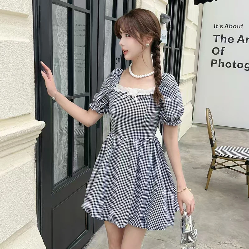 

Women 2025 Summer New Plaid Sweet Slim Mini Dress Vestidos Lolita Dress