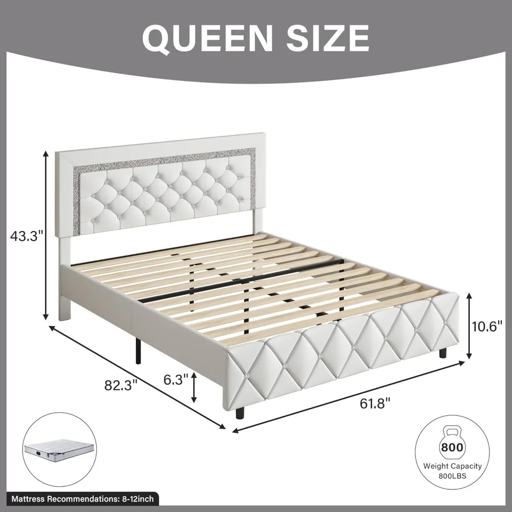 Queen Bed Frame, Upholstered Platform Bed with Button Tufted Headboard, Princess Platform Bed with Crystal Design, Wooden Slats