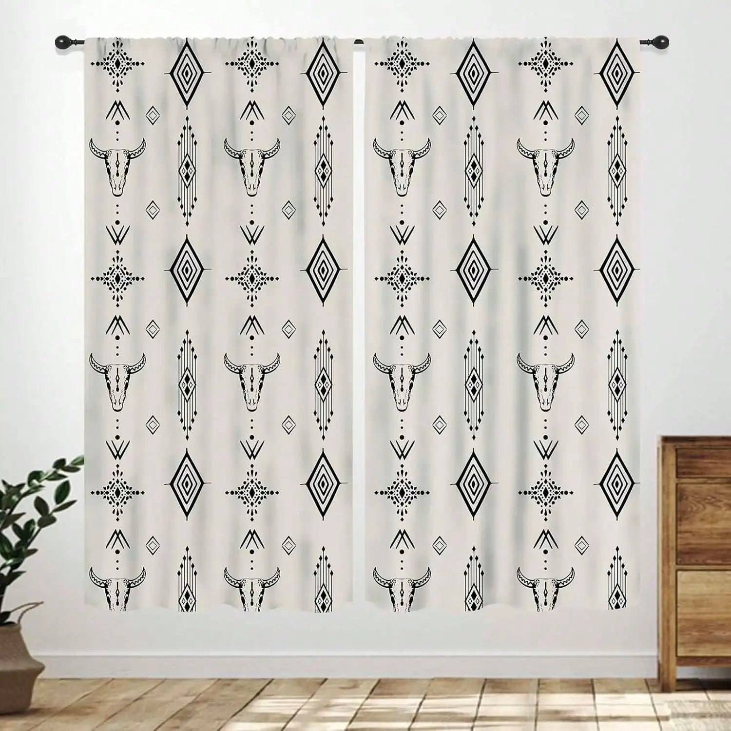 Print Window Curtain,Rustic Retro Bull Skull Native  Boho Design  Pattern Window Treatments For Bedroom Living Room Kitchen,