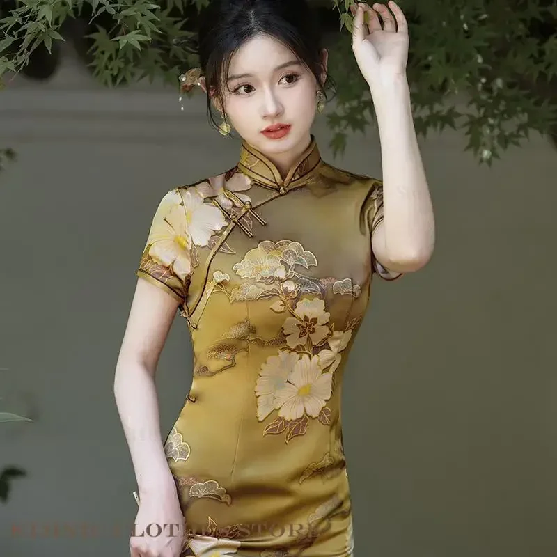 

Большой размер 3XL 4XL с цветочным принтом Qipao, длинное женское платье Cheongsam в китайском стиле, тонкое женское вечернее платье, Vestidos Gown