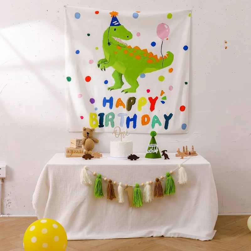 Baby Tassel Banner Happy Birthday Dinosaur Non Woven Hanging Flag Birthday Hat Party Background Decoration Photography Props