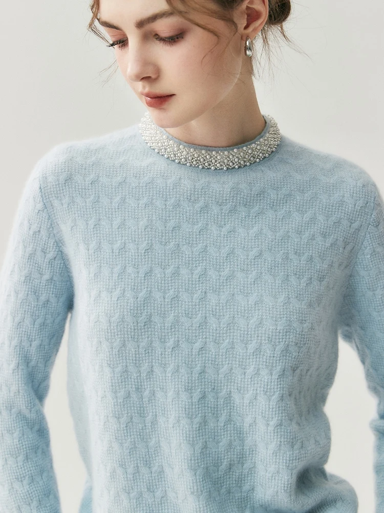 TLOML automne hiver nouveau femmes 100% pull en cachemire col rond col de perles câble tricot pull grâce Style bureau dame Chic hauts