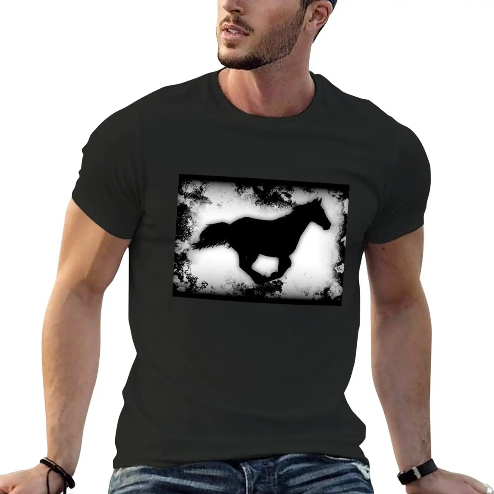 Western-look Galloping Horse Silhouette T-Shirt oversized sports fans t shirts for men pack