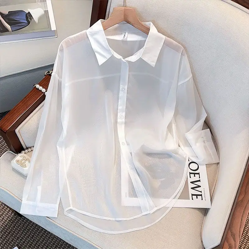 White Solid Color Lapel Collar Thin Style Summer 2024 Women Chiffon Long Sleeved Single-breasted Comfortable Casual Youth Shirt