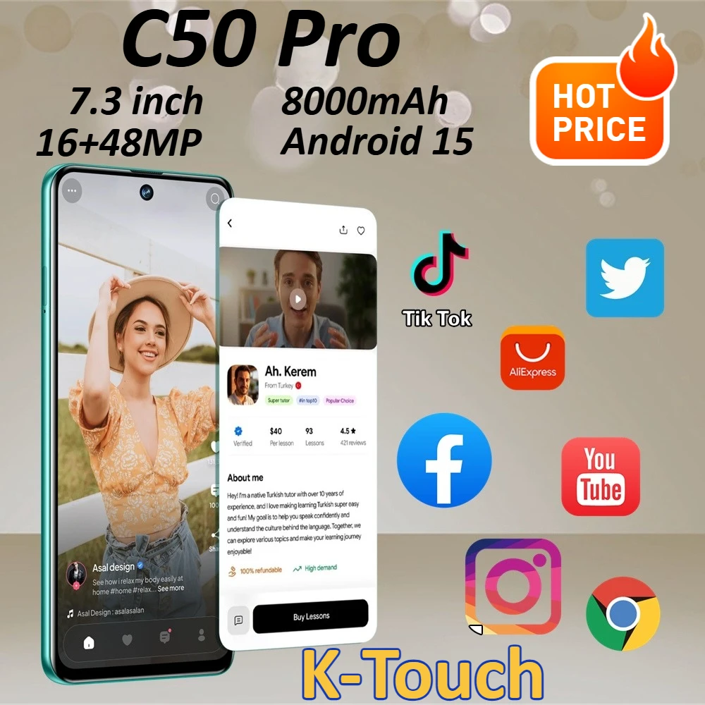 K-Touch 5G Dual SIM Mobile Phones C50 Pro Smartphone Android 7.3 Inch Cell Phone 22GB 2TB 8000mAh Face Unlock 16+48MP Camera Cellphones