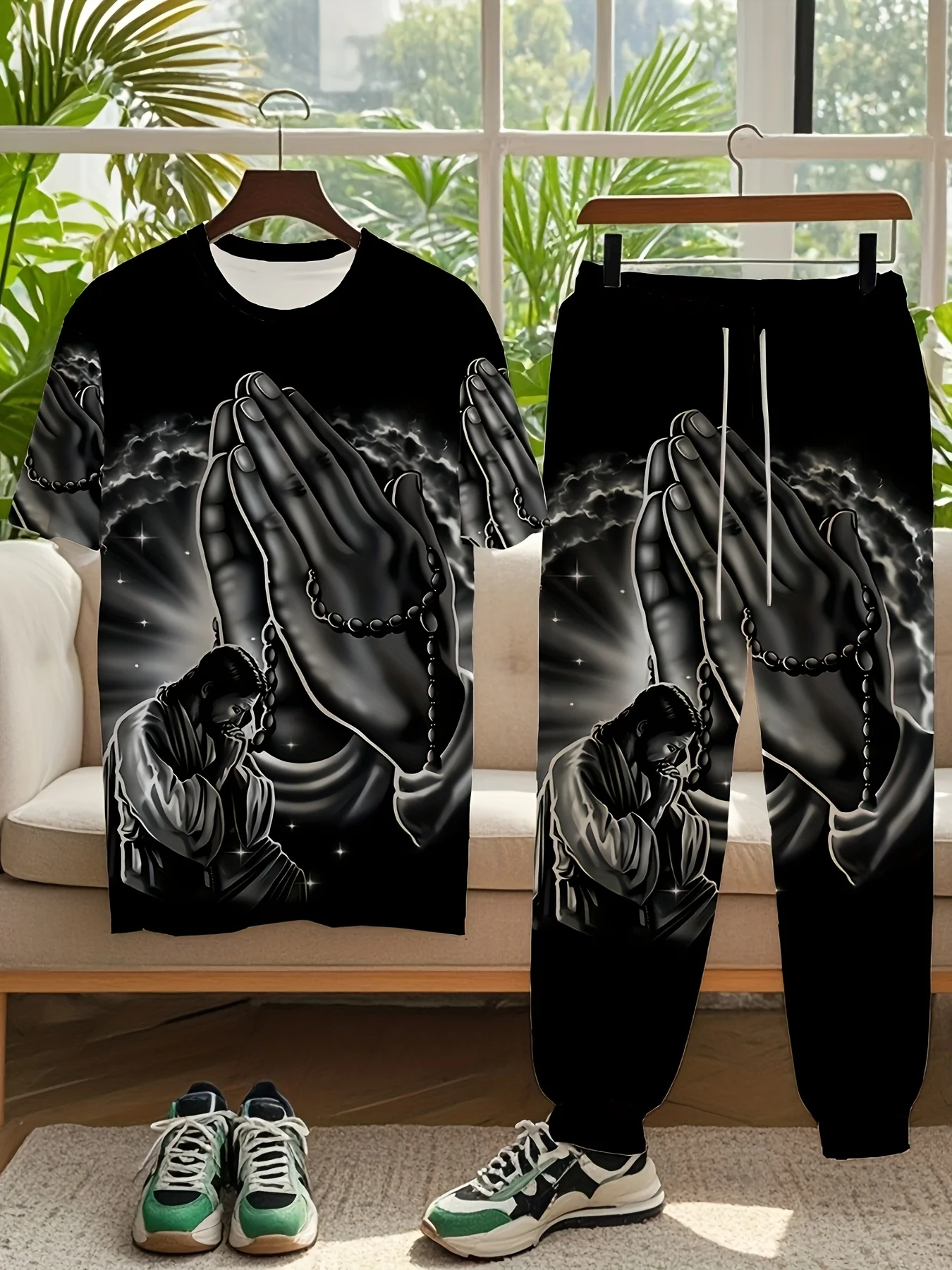 American Street Summer Men's Prayer Print Breathable Round Neck T-shirt Pants Set Outdoor Leisure High Street Two Piece Set