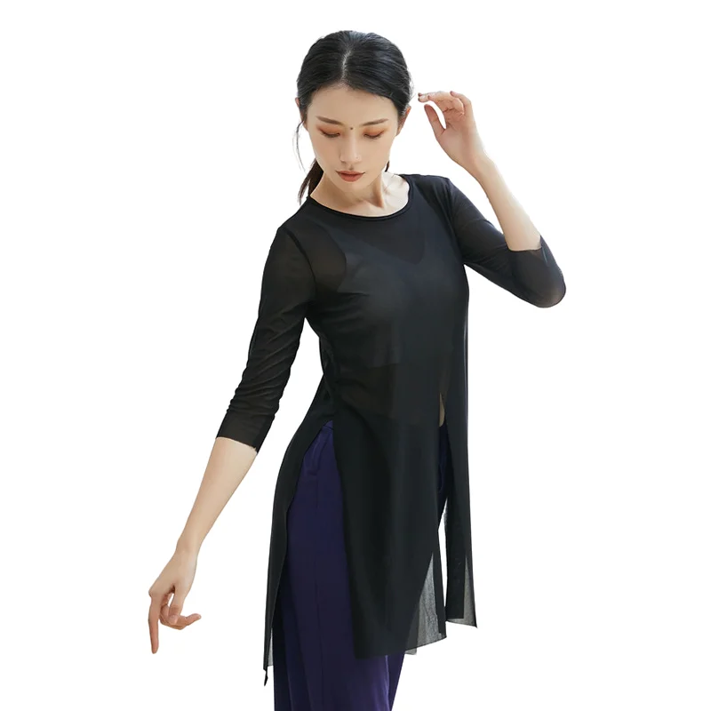 Zomer Klassiek Dans Oefenshirt Doorzichtig Ballet Stretch Mesh Tops Side Split Folk Danser Lichaamsrijm Pakken 3/4 Mouw