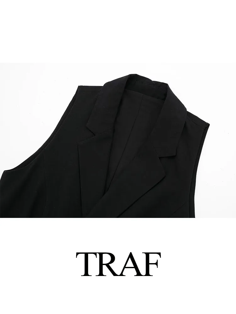 TRAF 2023 Women New Fashion Vinatge Chic Waistcoat Solid Color V-Neck Sleeveless Frenulum Female Casual Black And White Tops