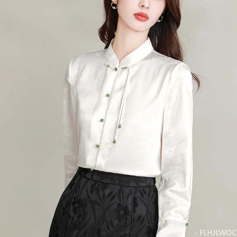 Hot Chinese Style Chi-pao Collar Design Tops New Year 2024 Spring Women Office Lady Girls Elegant Retro Shirt Blouse Vintage