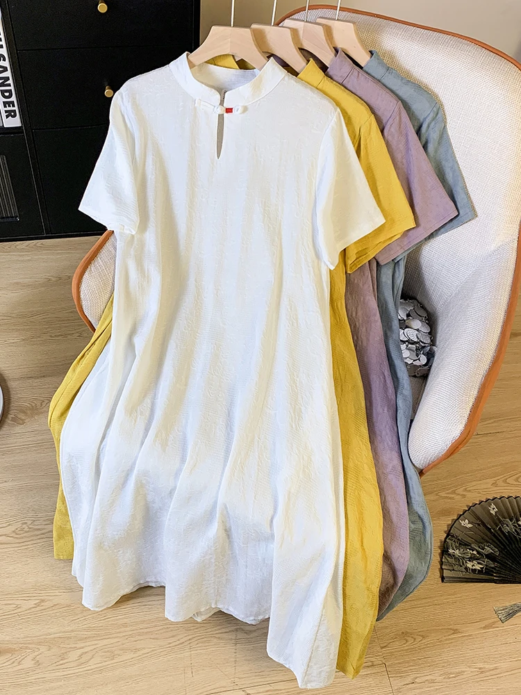 

Ретро-китайское летнее женское платье-ципао из хлопка и льна с пуговицами в национальном стиле