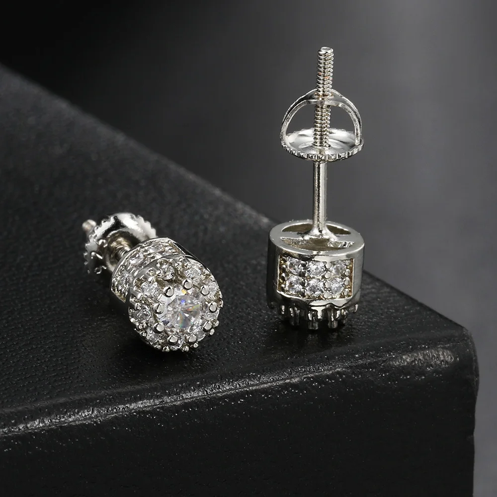 Hip Hop  Screw Stud Earrings For Women Punk Style Iced Out Bling Cubic Zirconia Gold Color Ear Piercing Female Male Gifts OHE174