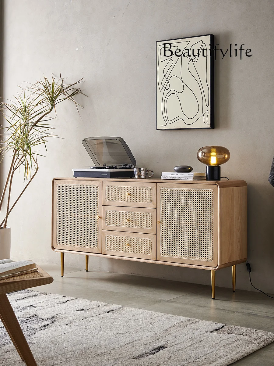 

Nordic Solid Wood Modern Minimalist Rattan Drawer Locker Entrance Cabinet Sideboard Cabinet