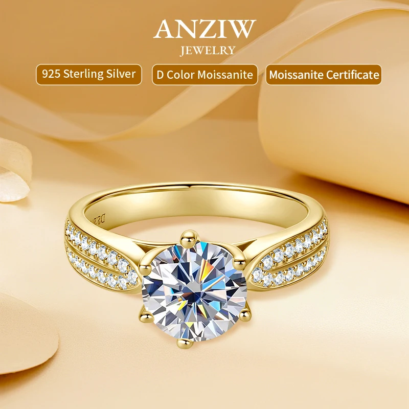 

Anziw 1ct 2ct 3ct D Moissanite Ring for Women 925 Sliver 18k Gold Plated Classic Engagement Wedding Promise Rings Finger Jewelry