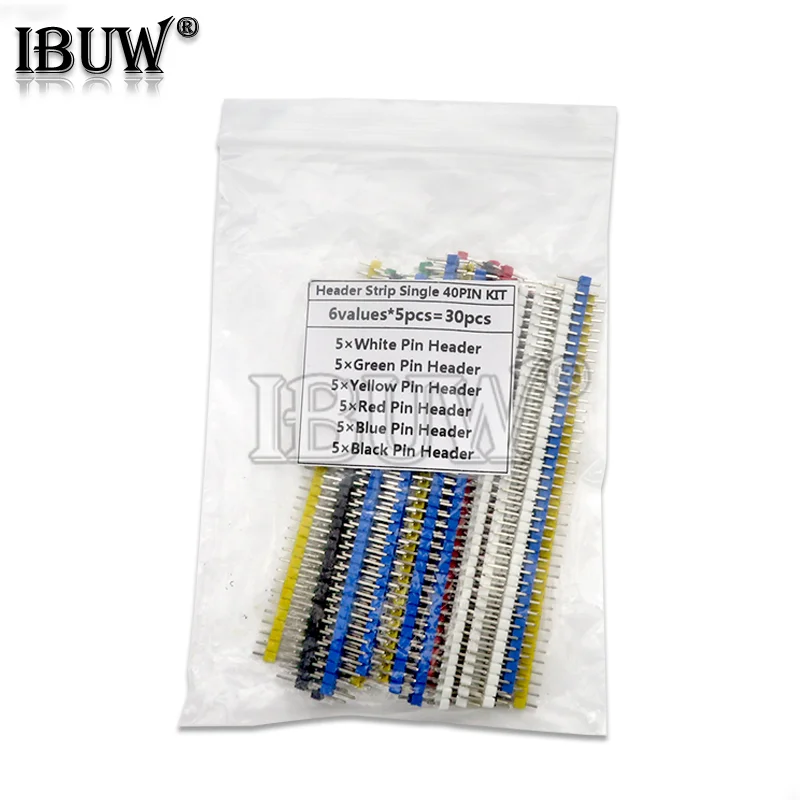 30PCS Pin Connector Male 2.54mm Pitch Pin Header Strip Single Row 40 pin Connector Kit for PCB board  (6 Colors Each 5pcs)