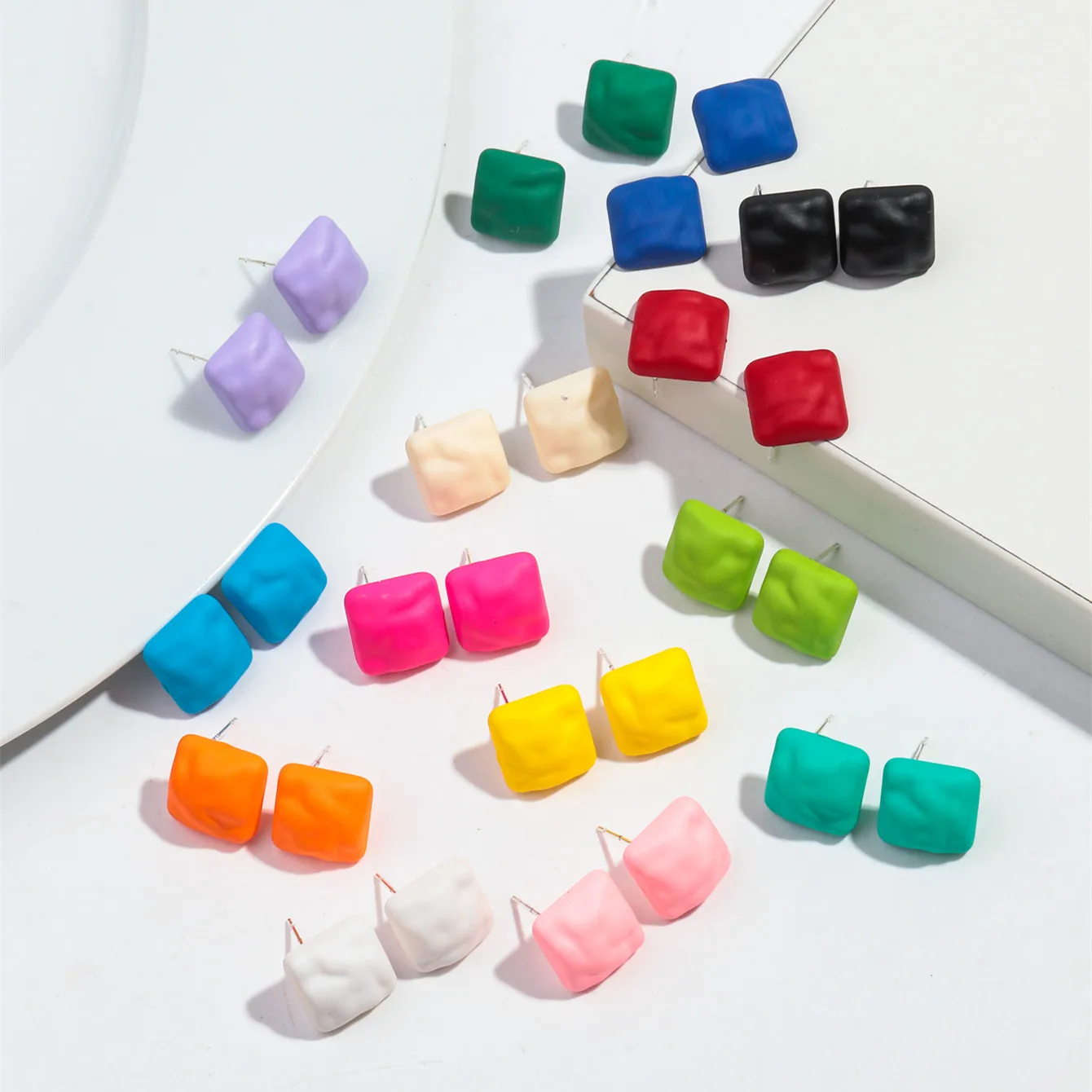 Cute 3pair/set Mini Acrylic Texture Square Stud Earring for Women Girls Macaron Color Geometric Earrings 2024 Jewelry Set Gift